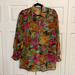 Vintage Clio Colorful Floral Fruit Pattern Button-Up Blouse Medium